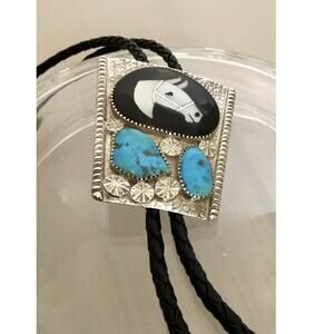 Vintage Isabel Simplicio Zuni Sterling Turquoise MOP Horse Inlay Bolo Tie